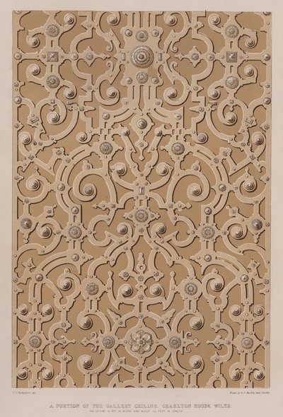 En del av galleritaket, Charlton House, Wilts, taket er 17 fot i bredden og omtrent 115 fot langt (farge litho) av Charles James Richardson
