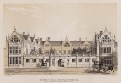 Rushton Hall, Northamptonshire, reist av Sir Thomas Tresham, i Elizabeths tid (farge litho) av Charles James Richardson