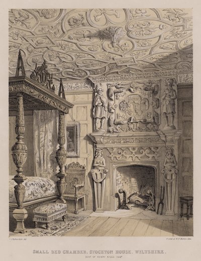 Lite sengekammer, Stockton House, Wiltshire, sete til Henry Biggs (farge litho) av Charles James Richardson