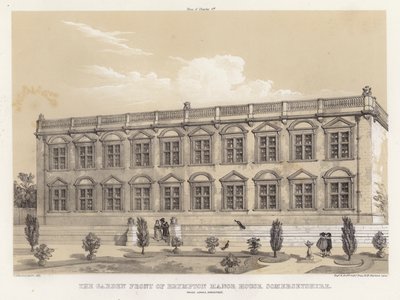 Hagefronten til Brympton Manor House, Somersetshire, Inigo Jones, arkitekt (farge litho) av Charles James Richardson
