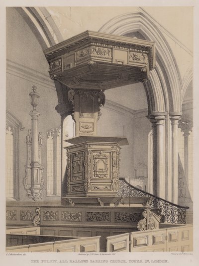 Prekestolen, All Hallows Barking Church, Tower Street, London (farge litho) av Charles James Richardson