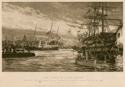 Dronning Victorias begravelse. Royal Yacht Alberta, som bærer dronningens kropp, kommer inn i Portsmouth havn ved solnedgang av Charles John de (after) Lacy