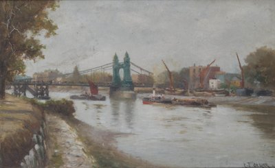 Hammersmith Bridge - den nåværende - post 1887 - ser fra Surrey-kysten av Charles John de Lacy