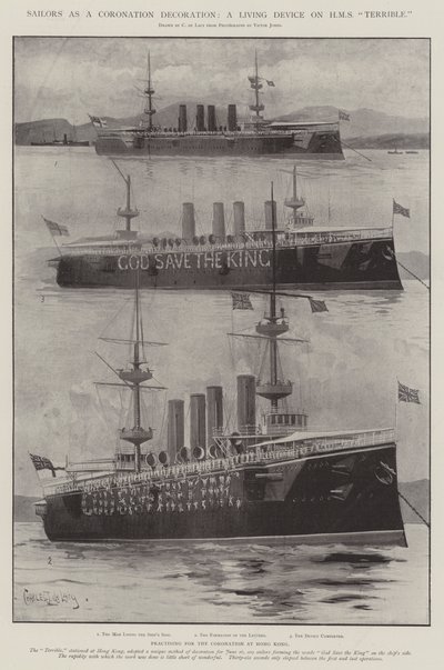 Sjømenn som kroningsdekorasjon, en levende enhet på HMS Terrible av Charles John de Lacy