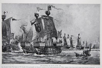 Slaget ved Sluys, 24. juni 1340, illustrasjon fra 'Hutchinson's Story of the British Nation', ca. 1923 av Charles John de Lacy