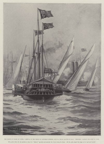 Prinsen av Wales ved Cowes, prinsens ankomst lørdag kveld, 30. juli, Royal Salute av HMS Crescent, Captain the Duke of York av Charles John de Lacy