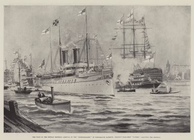 Den tyske keiserens besøk, ankomst til Hohenzollern i Portsmouth havn, Nelsons flaggskipseier hilser keiseren av Charles John de Lacy