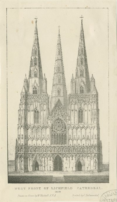 Lichfield Cathedral - Vestfronten: gravering av Charles Joseph Hullmandel