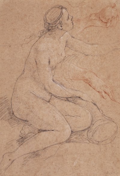 En nymfe som lener seg på et overflødighetshorn, og understudier av hendene hennes, en holder et eple, av Charles Joseph Natoire