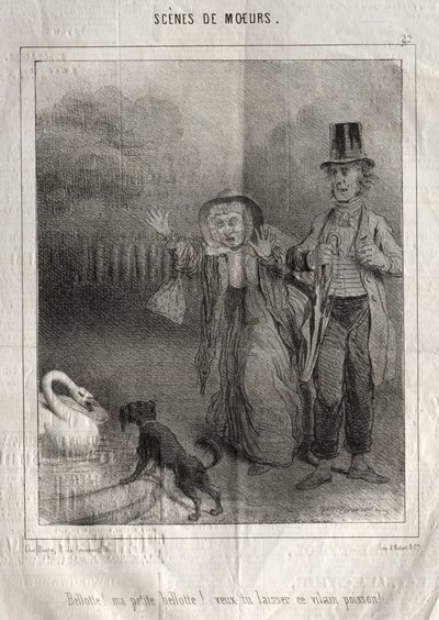 Scener med oppførsel: Bellotte! min lille Bellote! vil du forlate denne stygge fisken!. av Charles Joseph Traviès de Villers