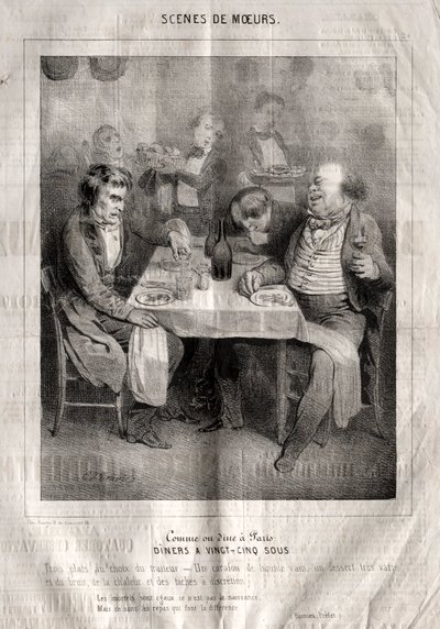 Scener med oppførsel: Lik eller spis middag i Paris. Diners på tjuefem sous. Tre retter valgt av catereren av Charles Joseph Traviès de Villers