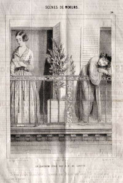 Scener med manerer: Rue N. D. de Lorette i fjerde etasje. Jeg tror hun leser brevet mitt... med mindre det er et annet. Hun hadde ni ved dørvakten av Charles Joseph Traviès de Villers