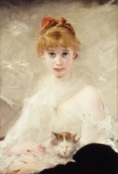 Ung jente med katt; Jenta med katten, av Charles Joshua Chaplin
