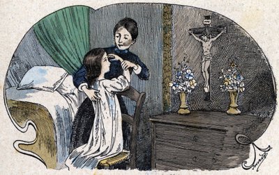 Korsets tegn. i "" All religiøs eiendom - jeg tror på guder"", sd., illustrasjon fra slutten av 1800-tallet av Jouvenot. Katekismes bibliotek. Paris. Leemage samling av Charles Jouvenot