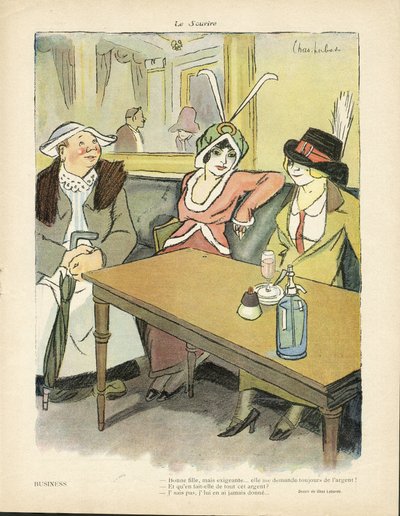 Illustrasjon av Chas-Laborde (1886-1941) i Le Smile, nr. 9, 27/02/13 - Business - Restaurantkafeer, Mote, Hat - Cupidite, Griskhet - Kvinner av Charles Laborde