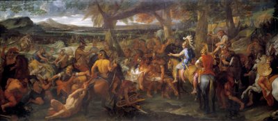 Alexander og Porus. I 327 f.Kr. fortsatte Alexander den store sin erobring mot Indusdalen. I 326 f.Kr. beseiret han Puru (eller Poros, kongen av Paurava-stammen på 400-tallet f.Kr.) og hans hær av krigselefanter i slaget ved Hydaspe. Maler av av Charles Le Brun