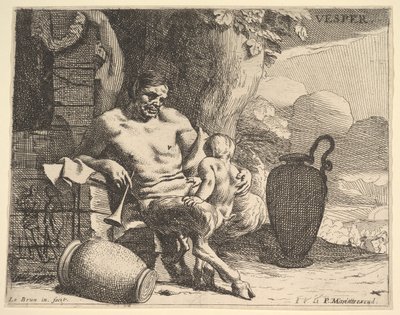 Kveld: en sittende satyr spenner barnet sitt, en figur henger en krans på en brygge bortenfor, f..., ca. 1640. av Charles Le Brun