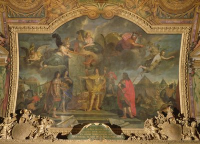 Kong Ludvig XIV (1638-1715) gir ordre om å samtidig angripe fire av de sterkeste nederlandske stillingene i 1672, takmaleri fra Galerie des Glaces av Charles Le Brun