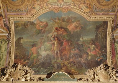 Kong Ludvig XIV (1638-1715) tok til våpen til lands og til sjøs i 1672, takmaleri fra Galerie des Glaces av Charles Le Brun