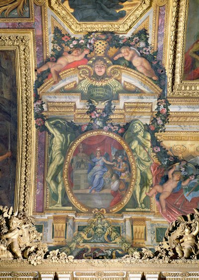 Grunnleggelsen av Hotel Royal des Invalides i 1674, takmaleri fra Galerie des Glaces av Charles Le Brun