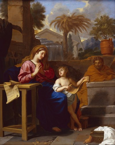 Den hellige familie i Egypt med spedbarnet Kristus som leser et hebraisk skrift (olje på lerret) av Charles Le Brun