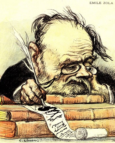 Tegneserie av Emile Zola (1840-1902) skrift, synlig mangler inspirasjon - Illustrasjon av Charles Leandre i "The Rire"" av Charles Leandre
