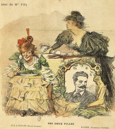 Tegneserie for de to hundredelene av Mademoiselle Fifi, fra romanen av Guy de Maupassant (1850-1893) (illustrasjon) av Charles Leandre