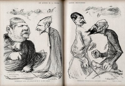 Dreyfus-saken - Skuespillerne i den store dreyfusianske komedien - advokaten Fernand Labori (1860-1917) - advokaten Louis Leblois (1854-1928) - kommandanten Ferdinand Walsin Esterhazy (1847-1923) - generalen Georges Picquart (1854-1914) ) - Karikatur av Ch av Charles Leandre