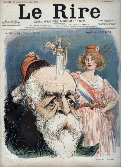 Eugene Henri Brisson (1835-1912), fransk advokat, journalist og politiker - Marianne løfter en rød lue fra Bressons hode og fra hodet ser det ut til å reise seg gudinnen Athena med alle attributter - karikatur av Charles Leandre (1862-1934) i "" Le Rire””” av Charles Leandre
