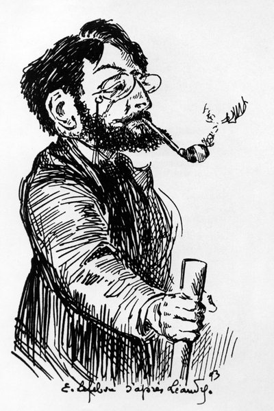Henri Riviere (1864-1951) fransk kunstner og designer (skyggespill på Cabaret Le Chat Noir), tegning av E. Lefebvre etter Leandre av Charles Leandre