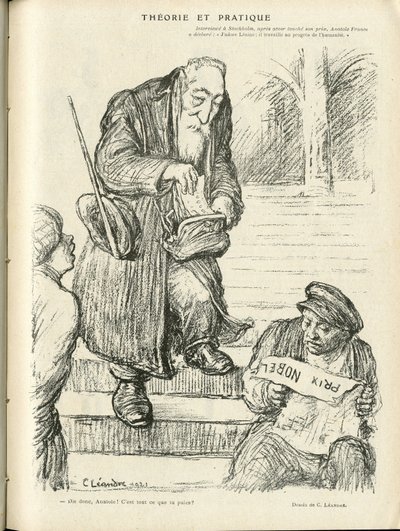 Illustrasjon av Charles Leandre (1862-1934) i Le Rire, 31/12/21 - Teori og praksis - Nobelpris - Lenine, Frankrike Anatole av Charles Leandre