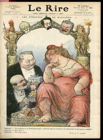 Illustrasjon av Charles Leandre (1862-1934) for omslaget til Le Rire, 03/01/14 - Les strennes de Marianne - Tribun - Clemenceau George, Jaures Jean, Briand Aristide, Marianne, Caillaux Joseph (1863-1944) av Charles Leandre