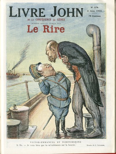 Illustrasjon av Charles Leandre (1862-1934) for omslaget til Le Rire, 03/06/22 - Italia, USSR - Victor Emmanuel 1er, Gueorgui Titcherine (1872-1936) av Charles Leandre