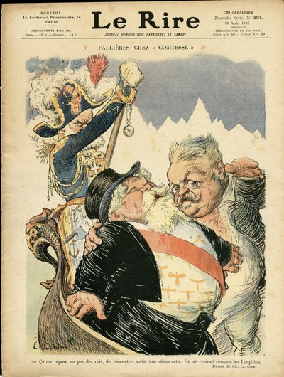 Illustrasjon av Charles Leandre (1862-1934) for omslaget til Le Rire, 20/08/10 - Fallieres hos grevinnen - Italia, republikkens president, Chapeau, Identifier, Venezia - Fallieres Armand (1841-1931) av Charles Leandre