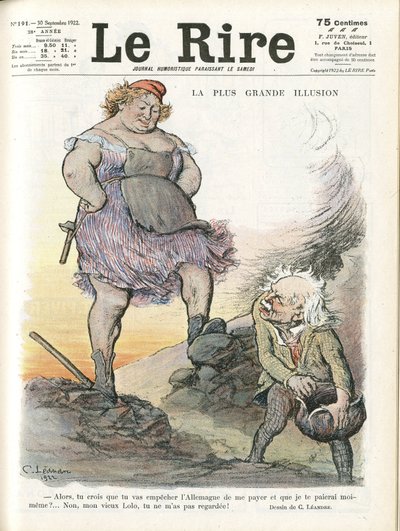 Illustrasjon av Charles Leandre (1862-1934) for omslaget til Le Rire, 30/09/22 - Den største illusjonen - Tyskland Preussen, England Storbritannia, Reparasjoner - Marianne, David Lloyd George (1863-1945) - Trivialitt av Charles Leandre