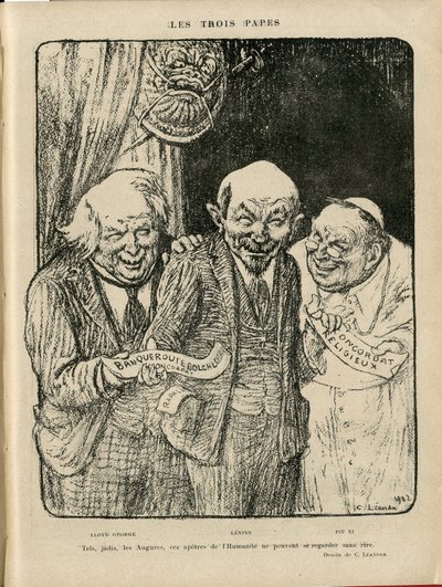 Illustrasjon av Charles Leandre (1862-1934) i Le Rire, 03/06/22 - The Three Popes - England Storbritannia, U.S.R., Verifikatordatoer, Reichstag - Lenine, Lloyd George, Pius XI av Charles Leandre