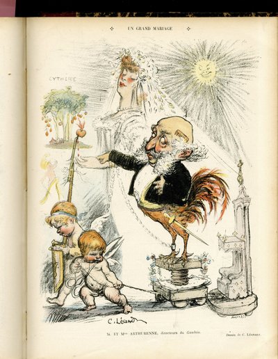 Illustrasjon av Charles Leandre (1862-1934) i Le Rire, 22.10.04 - Et storslått ekteskap - Ekteskap - Hane, Meyer Arthur - Animalisering av Charles Leandre
