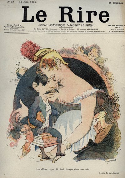 Paul Bourget (1852-1935) Fransk forfatter - L'academie (fransk) mottar Paul Bourget i sin barm - karikatur av Charles Leandre (1862-1934) i "" Le Rire"" av 15. juni av Charles Leandre