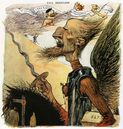Paul Deroulede (1846-1914), fransk forfatter og nasjonalistisk aktivist, en viktig aktør innen antidreyfusisme, karikatur av Charles Leandre som ridder Don Quixote: han skal kjempe mot vindmøller og bærer en koffert merket "Elysee" under armen. Drawi av Charles Leandre
