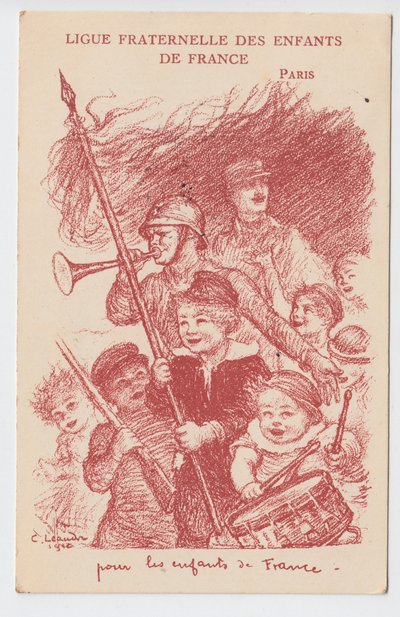 Postkort, satirisk i farger: Fraternal League of the Children of France - War of 14 -18, Childhood, Patriotic Days Illustrasjon av Charles Leandre (1862-1934) av Charles Leandre