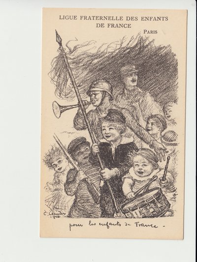 Postkort, satirisk i svart-hvitt: Fraternal League of the Children of France - War of 14-18, Music, Childhood, Fraternal League of the Children of France - Soldiers Illustration av Charles Leandre (1862-1934) av Charles Leandre