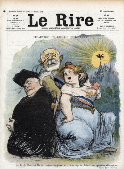 Separasjon fra kirke og stat: "" den franske politikeren Jean-Bienvenu Martin (Bienvenu-Martin) (1847-1943), minister for offentlig undervisning, kunst og tilbedelse, som desperat søker å skille kirken som en prest i Frankrike (fransk separasjon  av Charles Leandre