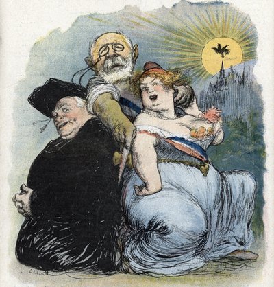 Separasjon fra kirke og stat: "" den franske politikeren Jean-Bienvenu Martin (Bienvenu-Martin) (1847-1943), minister for offentlig undervisning, kunst og tilbedelse, som desperat søker å skille kirken som en prest i Frankrike (fransk separasjon av chu av Charles Leandre