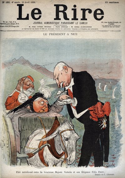 Presidenten i Nice - Frankrikes president Felix Faure møtte dronning Victoria i Nice - tegneserie av Charles Leandre (1862-1934) i "" Le Rire"" av 23. april 1898 av Charles Leandre