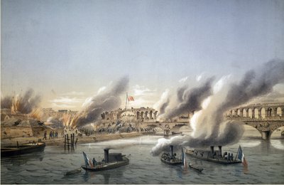 Commune de Paris, Bloody Week. “””” La Flotille de la Seine forcing the entrance of Paris to the Barricade du Point du Jour on 21 May 1871 - Engraved by Charles Leduc (1831-1911) av Charles Leduc