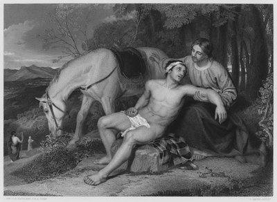 Den barmhjertige samaritan, fra bildet i Den Kongelige Samling (gravering) av Charles Lock (after) Eastlake