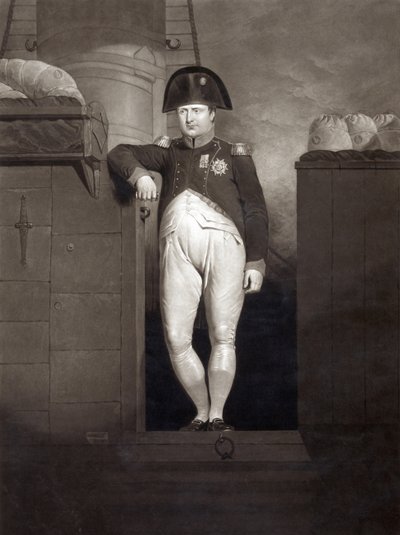 Napoleon Bonaparte på landgangen til HMS Bellerophon etter å ha nådd Plymouth Sound, august 1815, gravert av Charles Turner av Charles Lock Eastlake