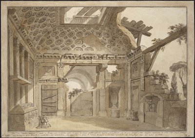 Design for maleriene i cellen til far Lesueur i klosteret Santissima Trinita dei Monti i Roma - Charles Louis Clerisseau (1722-1820). Penn, pensel, grått og brunt blekk, hvit farge på papir, ca 1760. Mål: 36,9x53 cm. State Hermitage, av Charles Louis Clerisseau