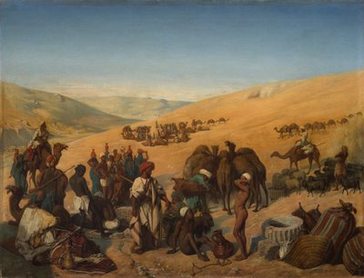 Stopp av karavaner ved brønnene i Saba Beersheba i ørkenen sør for Hebron, 1850. av Charles Louis Fredy de Coubertin