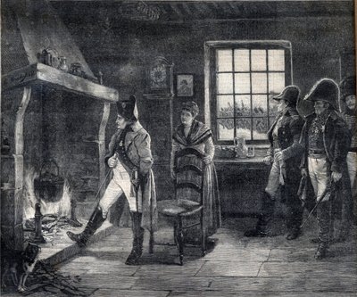 Keiser Napoleon I varmer seg ved en vedild i et snølandskap - Napoleon etter slaget ved Waterloo i 1814 - gravering etter maleriet av Charles Louis (Charles-Louis) Kratke (1848-1921) av Charles Louis Kratke